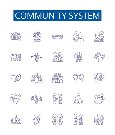 Community system line icons signs set. Design collection of Social, Network, Relationships, Platform, Connections, Interaction, Support, Participation outline concept vector illustrationsのイラスト素材