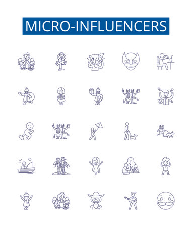 Micro-influencers line icons signs set. Design collection of Micro influencers, Social media, Influencers, Creators, Brand advocates, Brand ambassadors, Content creators, YouTube outline concept vector illustrationsのイラスト素材