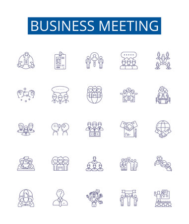 Business meeting line icons signs set. Design collection of Huddle, Negotiation, Conference, Agenda, Strategy, Networking, Dialogue, Gathering outline concept vector illustrationsのイラスト素材