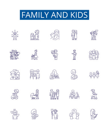Family and kids line icons signs set. Design collection of Family, Kids, Parenting, Sibling, Bonding, Love, Support, Education outline concept vector illustrationsのイラスト素材