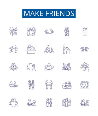Make friends line icons signs set. Design collection of Connect, Mingle, Socialize, Acquaint, Network, Associate, Join, Unite outline concept vector illustrationsのイラスト素材