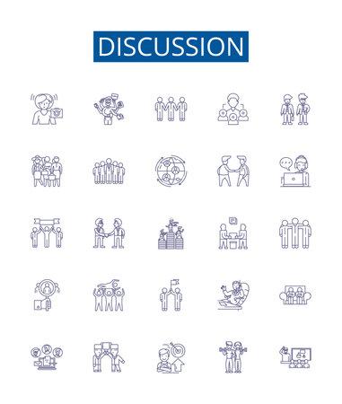 Discussion line icons signs set. Design collection of Debate, Dialogue, Disagreement, Talk, Communication, Arguing, Analysis, Exchange outline concept vector illustrationsのイラスト素材