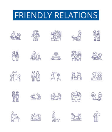 Friendly relations line icons signs set. Design collection of Amicable, Cordial, Chummy, Affable, Convivial, Favorable, Amiable, Harmonious outline concept vector illustrationsのイラスト素材