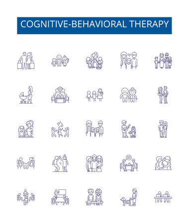 Cognitive-behavioral therapy line icons signs set. Design collection of Cognitive Behavioral, Therapy, CBT, Thinking, Thoughts, Feelings, Behaviors, Cognitive outline concept vector illustrationsのイラスト素材