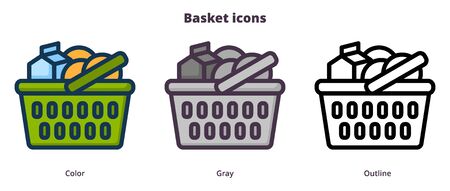 Shopping cart with products. Three icons.のイラスト素材