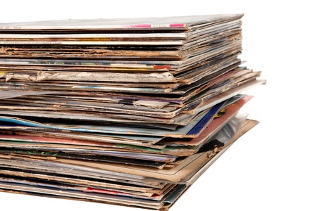 Pile of old vinyl records isolated on white backgroundの写真素材