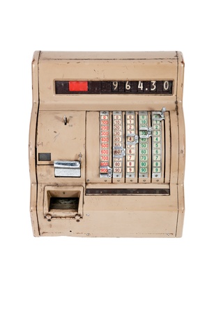 Old-time cash register Isolated on white backgroundの写真素材