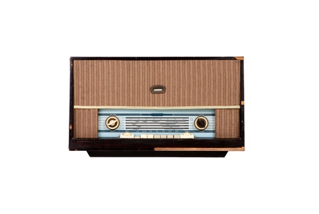 Analog wooden brown radio on white backgroundの写真素材