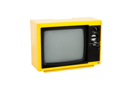Old yellow television on white background , front viewの写真素材