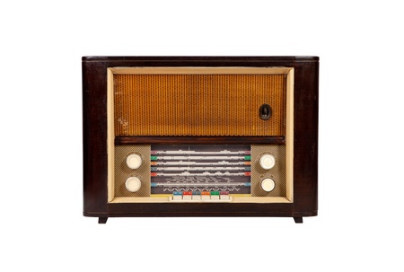 Old wooden brown radio on white background , front viewの写真素材