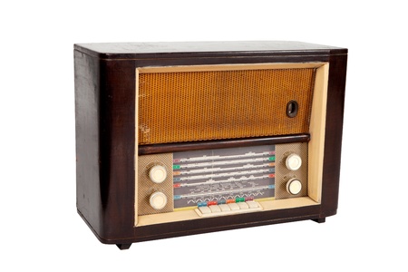Old wooden brown radio on white backgroundの写真素材