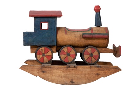 Toy train on rail on white backgroundの写真素材