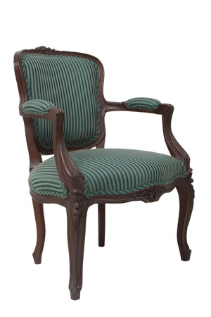 Green stripped vintage armchair on white backgroundの写真素材