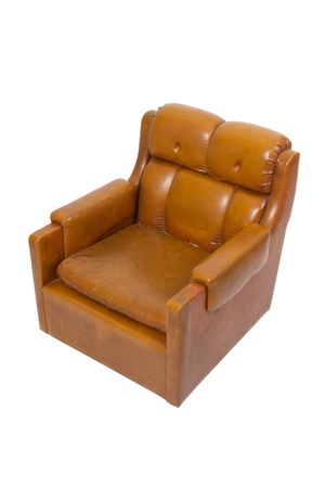Vintage brown leather armchair on white backgroundの写真素材