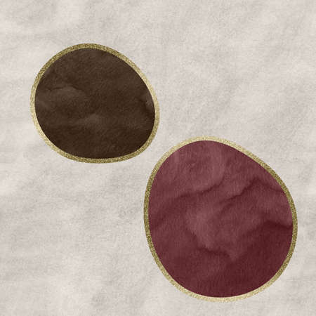 Abstract artwork with taupe and burgundy soft shapes over beige watercolor texture background.の写真素材