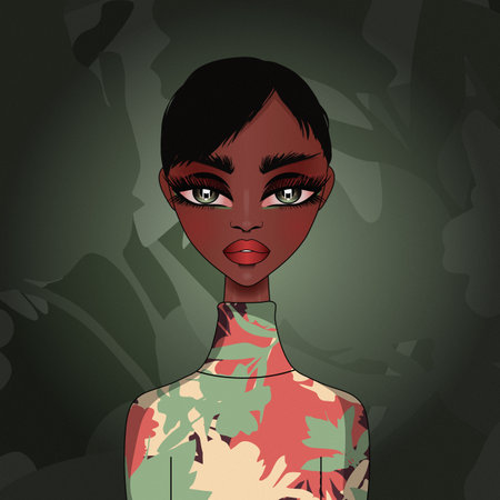Vector avatar fashion illustration of a cute girl with dark skin wearing a turtleneck with autumn foliage pattern on muted green background.のイラスト素材