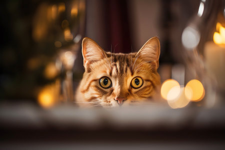 Curious Kittens Night A cute and playful striped feline with bright yellow eyes peeking through a window, adding charm to the cozy domestic sceneの素材