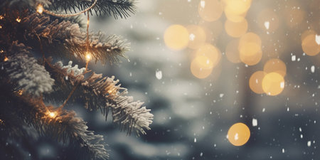 Enchanting Winter Ambiance A defocused backdrop of snow-covered trees adorned with festive lights and ornaments, capturing the magic of the seasonの素材