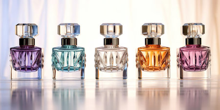 A collection of perfumes in various elegant bottles, arranged in a stylish display. The fragrant aroma of beauty and luxuryの素材