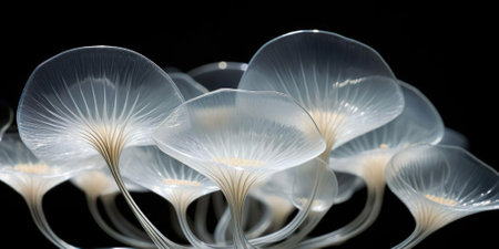 Abstract close-up illustration of a glowing mushroom in an extraterrestrial environment, against a black backdrop with futuristic design elementsの素材