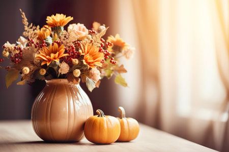 A trendy room decor features an autumn flower bouquet in a vase, adding warmth and color to the setting.の素材