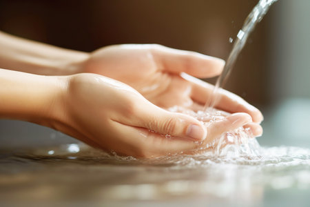 Close-up of a woman's hands washing under running water. A focus on hygiene and care.の素材