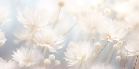 White floral banner with generic white flowers. Softness and delicate petals create an idyllic scene reminiscent of a peaceful summer day.の素材