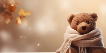 Cute teddy bear on warm autumnal banner, wearing cozy brown scarf.の素材