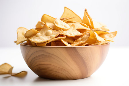 Tempting bowl of crunchy potato chips for snack cravings.の素材