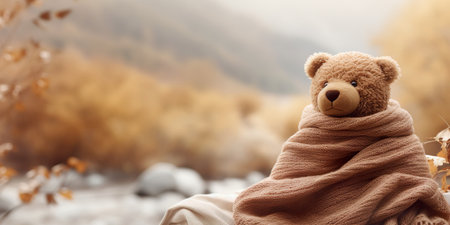 Philosophical Teddy bear in wool shawl by the serene riverside in autumn's embrace.の素材