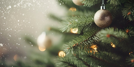 Close-up of charming ornate Christmas tree decoration. Elaborate branches adorned with sparkling ornaments. Seasonal spirit with a central symbol of celebration and joy. Magic of Christmas.の素材