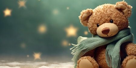 Heartwarming winter banner with cuddly teddy bear wearing cute green scarf. Softness and charm of magic to celebrations.の素材