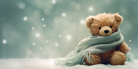 A cute teddy bear toy sitting wrapped in a warm blue-green scarf. Adorable and festive winter scene.の素材