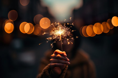 A girl holding a sparkler, creating bright sparks during a night celebration. Festive and vibrant atmosphere.の素材