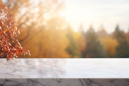 A close-up of marble table against a rustic blurred backdrop. Nature and seasonal design.の素材