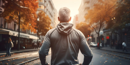 An active man jogging outdoors in the autumn season, staying healthy and fit.の素材