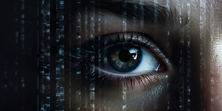 A close-up of an eye with a futuristic twist, symbolizing surveillance and security. Glowing and dark elements evoke a sense of isolation and detachment in this tech-driven representation.の素材