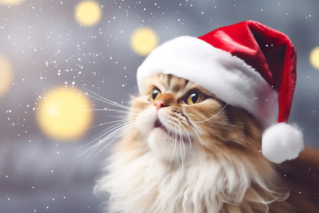 Persian cat in playful Santa hat adds charm to the season.の素材