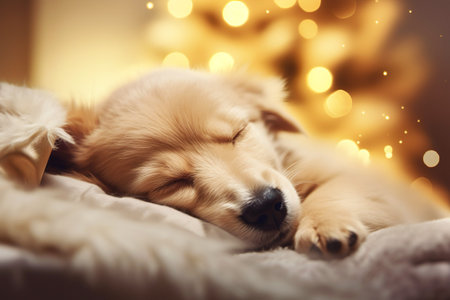 Peaceful nap of a golden retriever puppy, radiating warmth.の素材