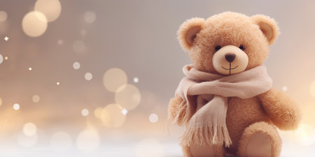 Teddy bear with wool scarf radiates cozy holiday comfort.の素材