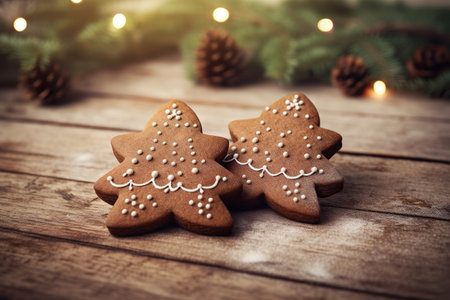 Rustic gingerbread cookie trees scene with wooden table.の素材