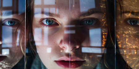 A reflective window captures a serious portrait of a teen girl in abstract design and blue tones evoking a sense of detachment and introspection.の素材