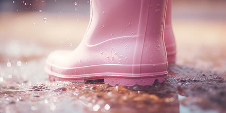 A child's pink rubber boots splashing in the rain. Enjoying the outdoors even on wet days.の素材