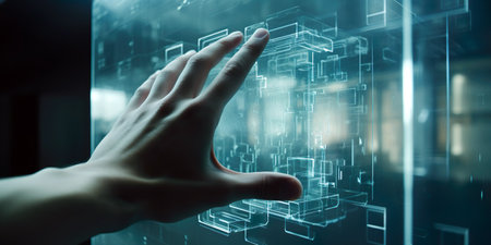 An abstract depiction of futuristic technology with a glowing hand touching a digital interface. The blue and green tones evoke a sense of innovation.の素材