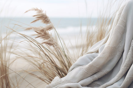 An elegant portrayal of a scarf gently swaying in the coastal breeze against a backdrop of sand and grass. The harmony between nature's elements is captured in this serene scene.の素材
