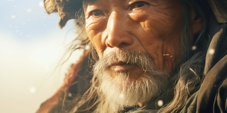 A mature Japanese man with a thoughtful expression, dressed as a samurai warrior in a cinematic shot.の素材