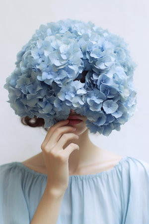 A creative shot of a woman with a bouquet of hydrangea flowers worn on her head, showcasing beauty and creativity.の素材