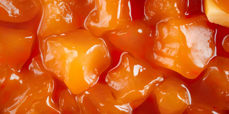 A delectable macro shot of glossy fruit compote featuring chunks of pear, ready to enhance your breakfast or dessert creations.の素材