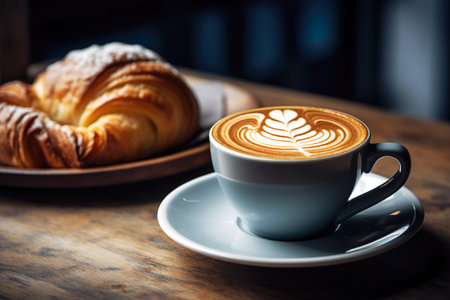 A captivating close-up of a latte cup alongside croissants, evoking the cozy and aromatic ambiance of coffee breaks.の素材