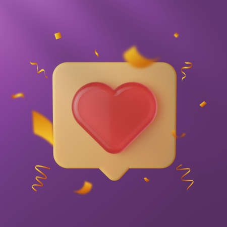 Elegant social media love and like 3d icon with gold confetti